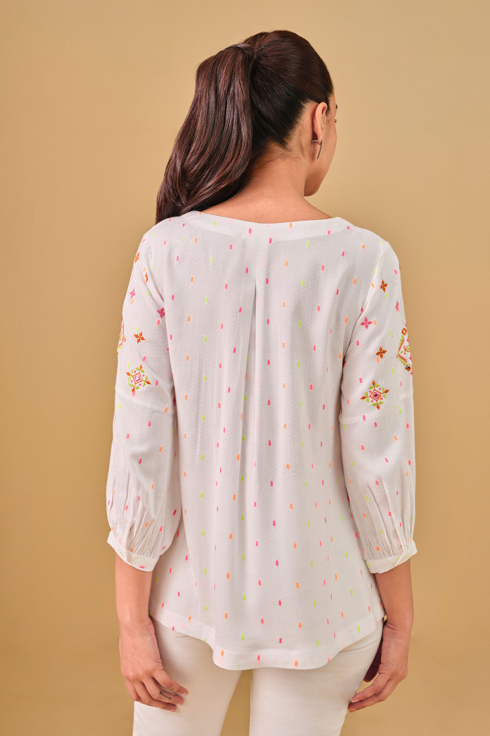 White Embroidered Viscose Top, White, image 2